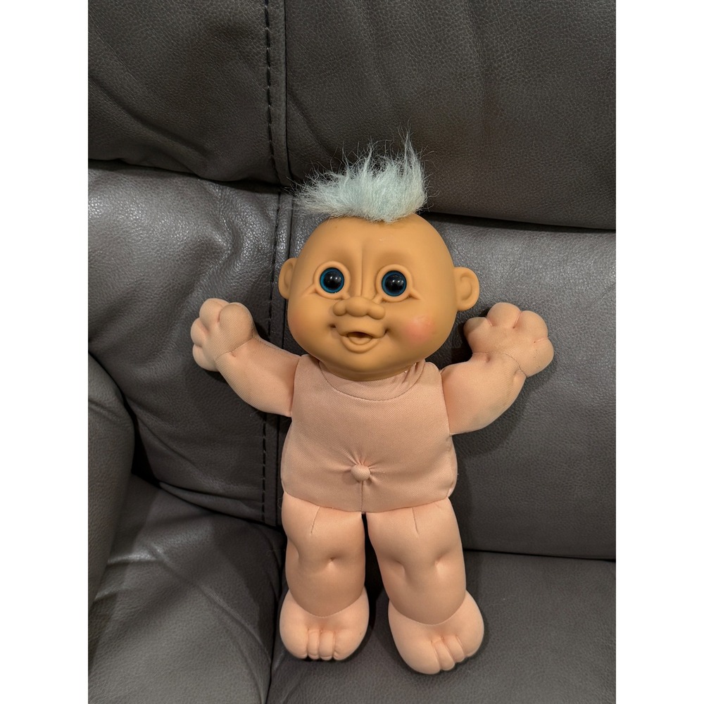 Vintage Russ Berrie Troll Kid Soft Body Plush Doll Blue Hair Vinyl Head 12 Inch